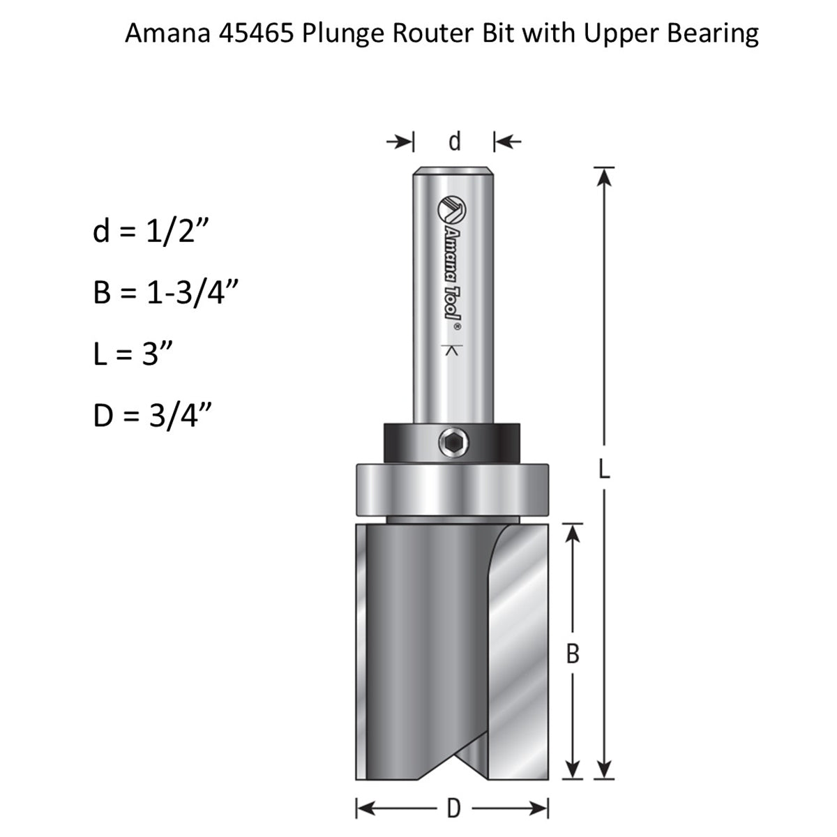 Amana Carbide Tipped Flush Trim Plunge Template Router Bit 3/4 Dia x 1-3/4 x 1/2 Inch Shank with Upper Bearing